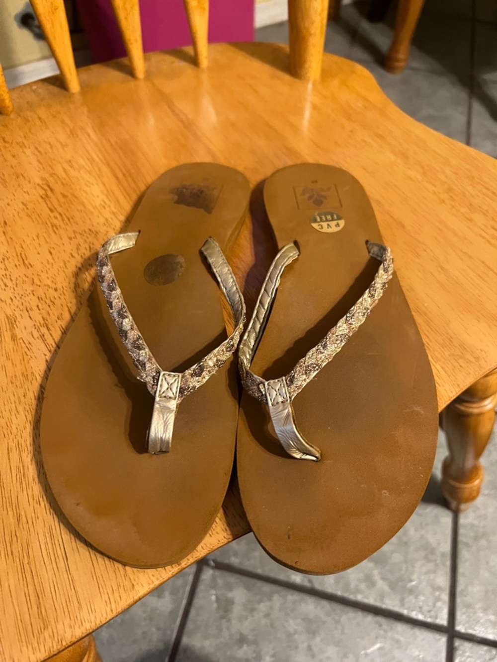 Reef Brown Flip Flop Sandals with Metallic Braided Straps